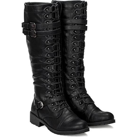 Illude Ladies Timberly Black Knee High Lace Up Buckle Military Boots - Size 7 - Picture 7 of 9